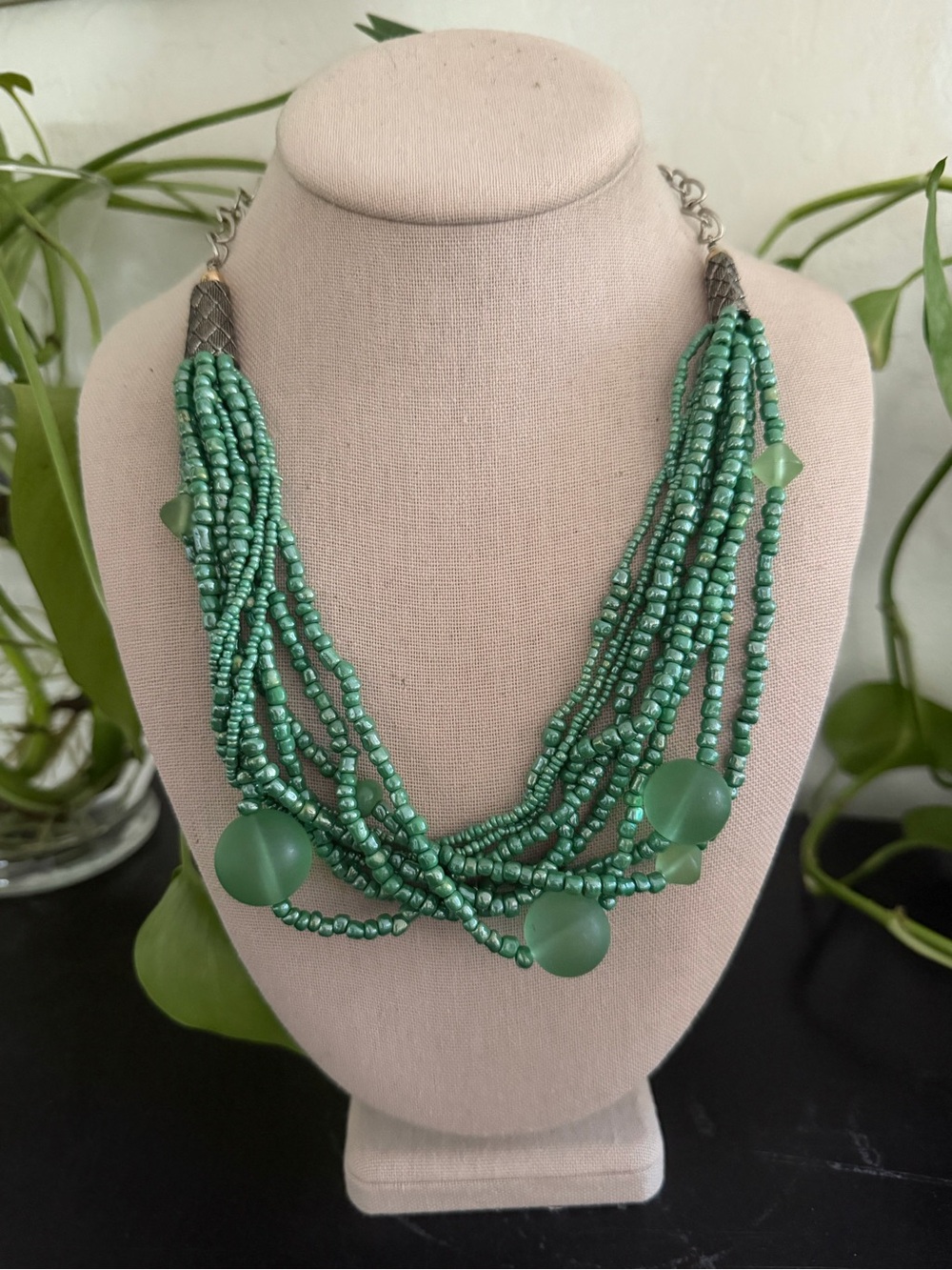 Vintage Pearlescent Green Sea Glass Multi-Strand Beaded Necklace